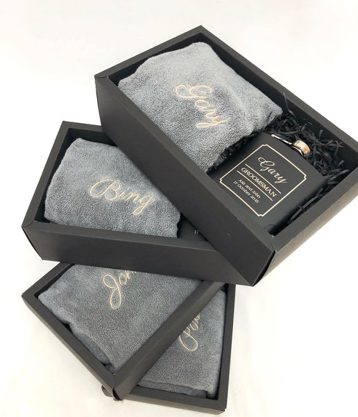 Groomsmen Giftbox Set C Personalized whiskey bottle and towel