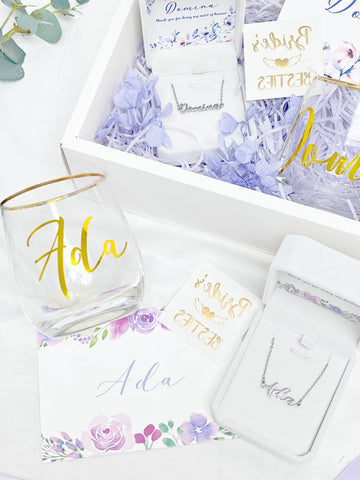 Bridesmaid Box Set D Ada 2pcs Gold foil wine glass and caligraphy bracelet