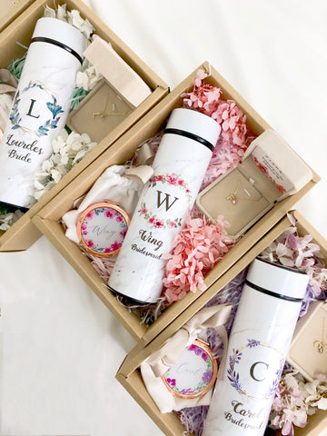 Bridesmaid Box Set X Lourdes 3 pcs half paved Necklace & Mirror & Stainless steel Marble thermal bottle